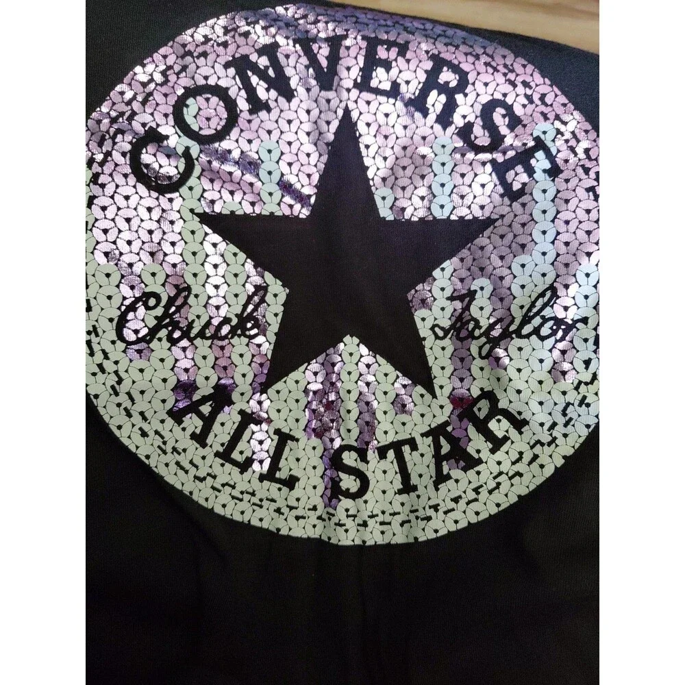 NWT Converse Girls L 12-13 Glitter Graphics All-Star Black Tee Top T-shirt